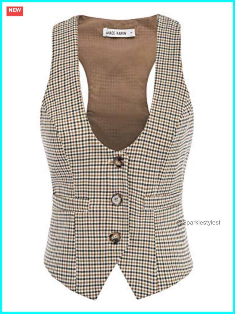 Women's Plaid Button Front Vest Waistcoat Sleeveless V-Neck Office Work